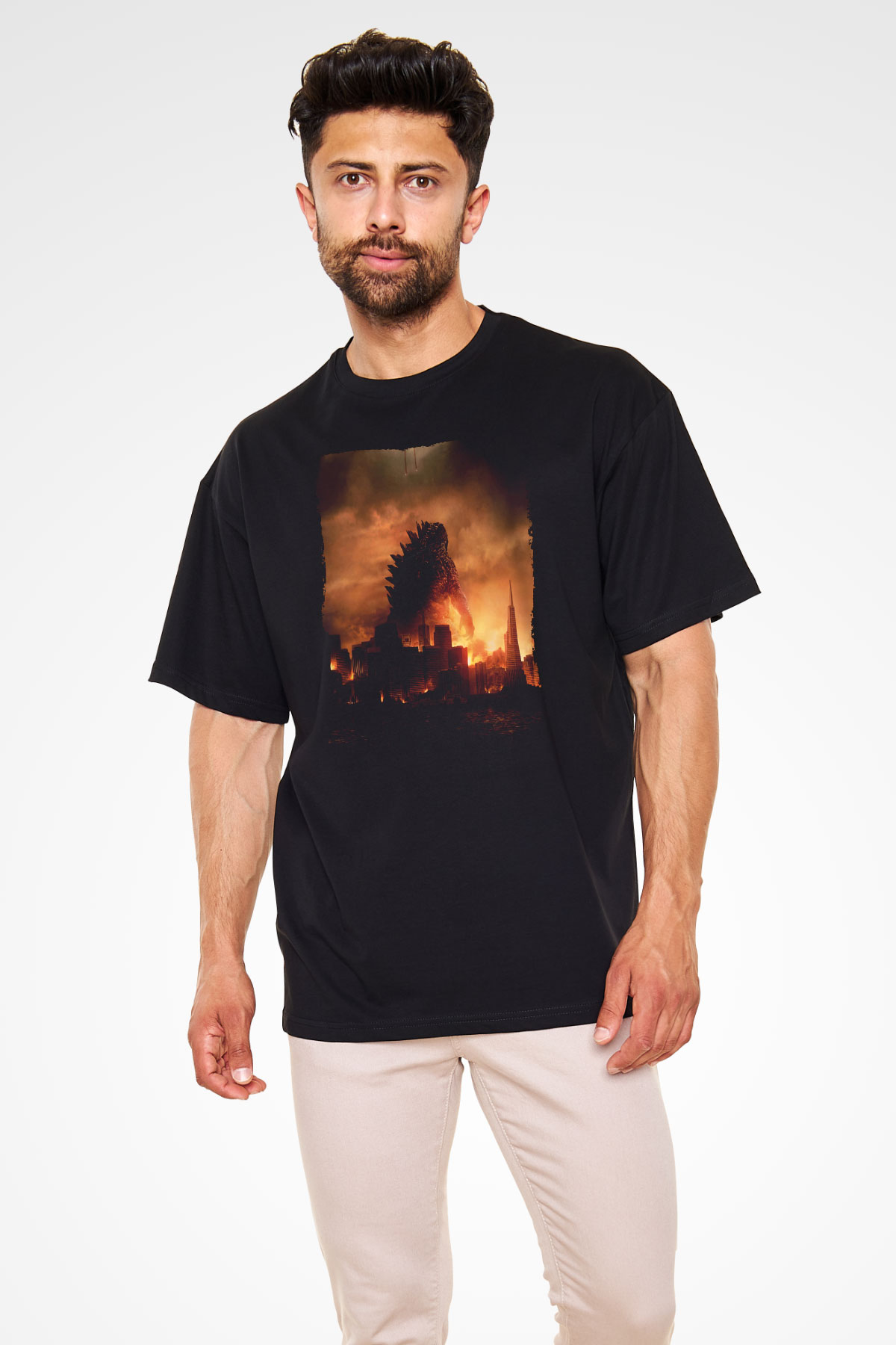 Unisex Godzilla Baskılı Siyah Oversize Tshirt