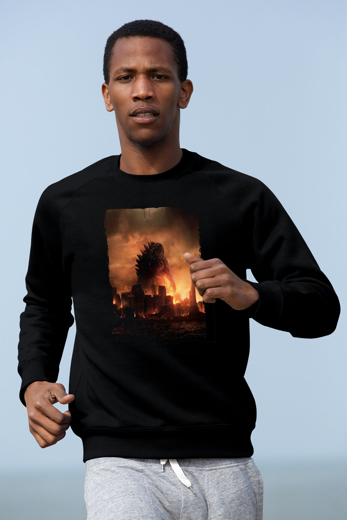 Unisex Godzilla Baskılı Siyah Sweatshirt