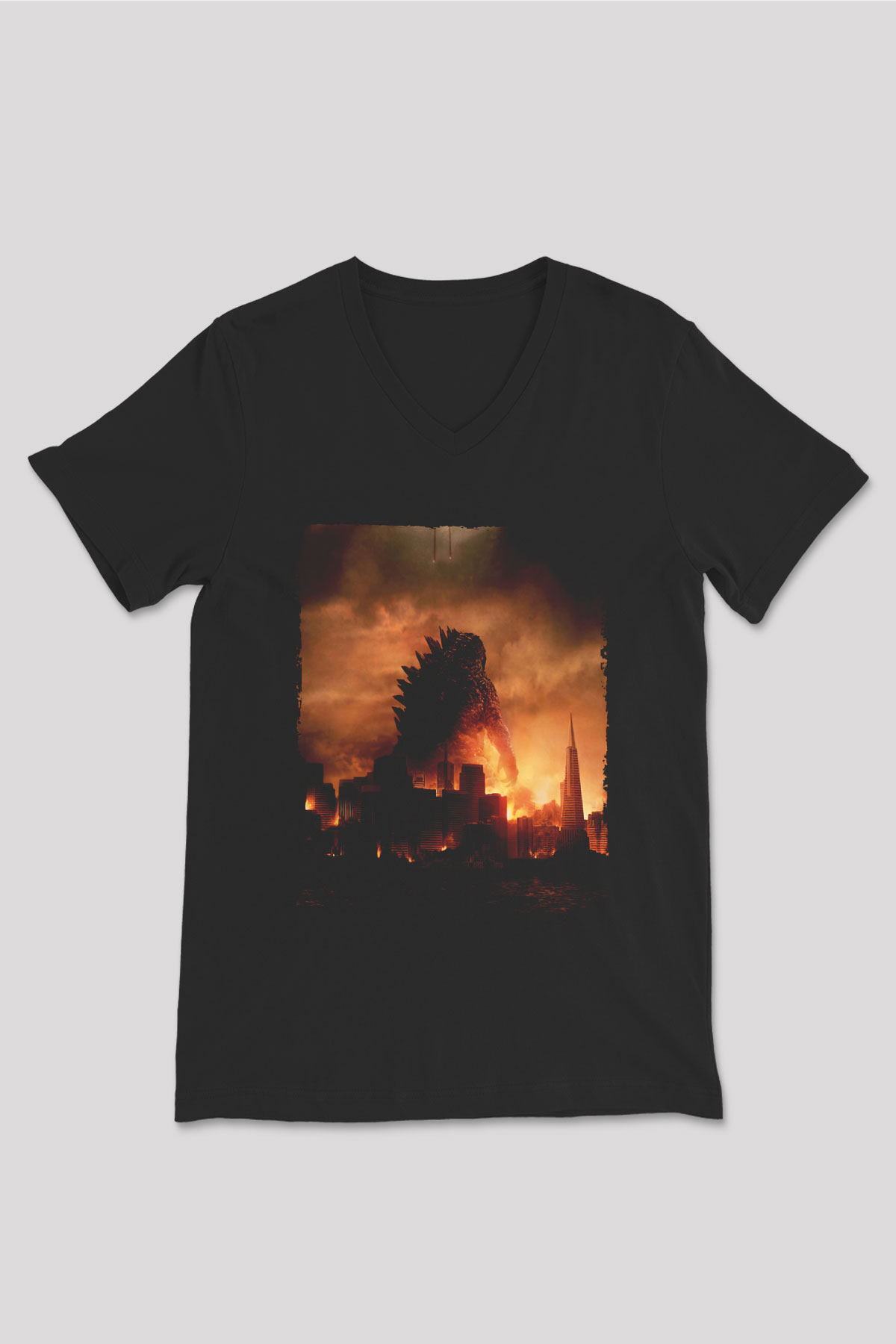 Unisex Godzilla Baskılı Siyah V Yaka Tshirt