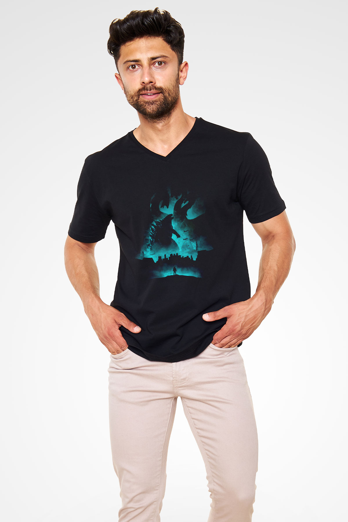 Unisex Godzilla II Canavarlar Kralı (Godzilla King of the Monsters) Baskılı Siyah V Yaka T-shirt