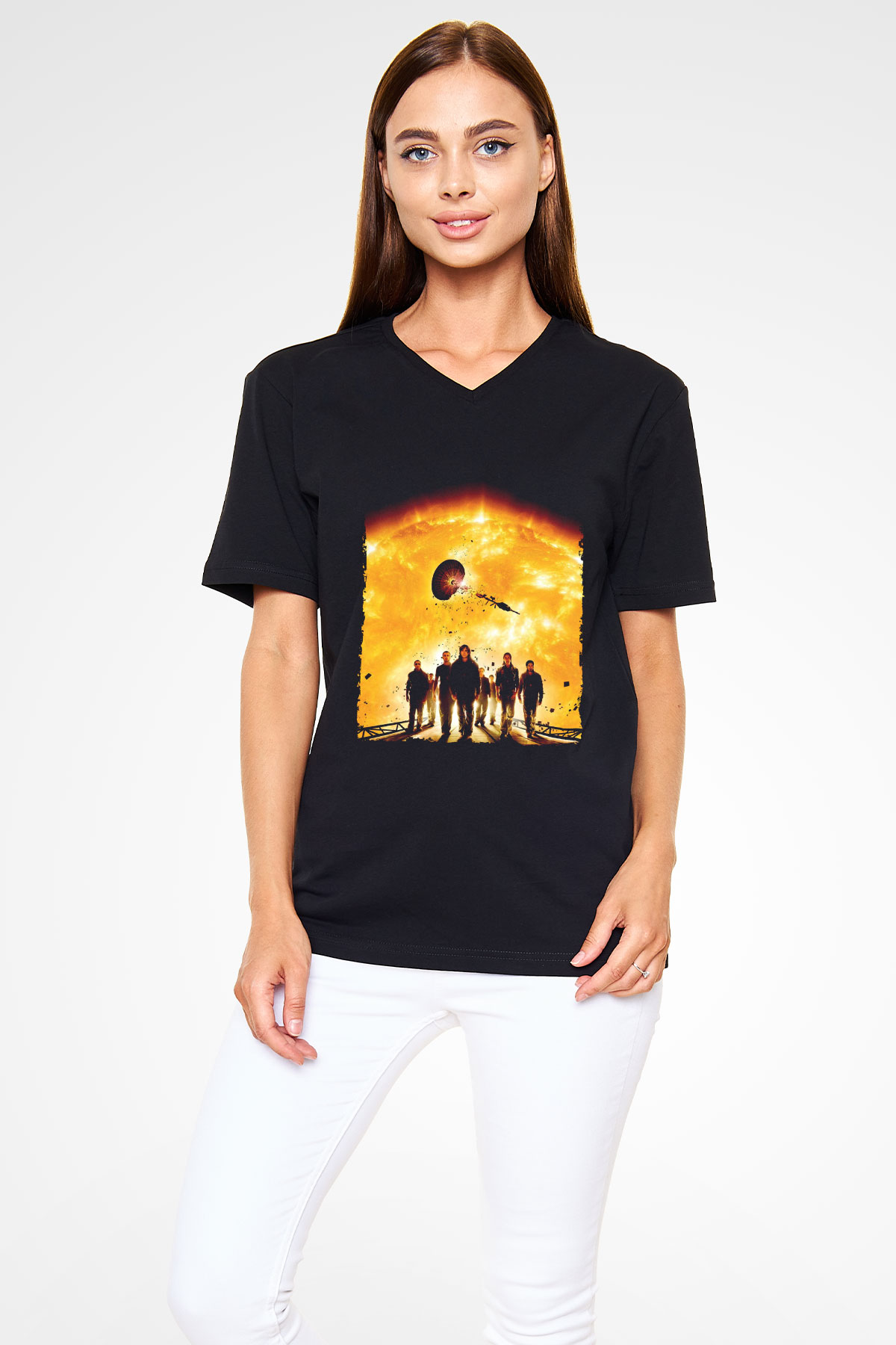 Unisex Gün Işığı (Sunshine) Baskılı Siyah V Yaka T-shirt