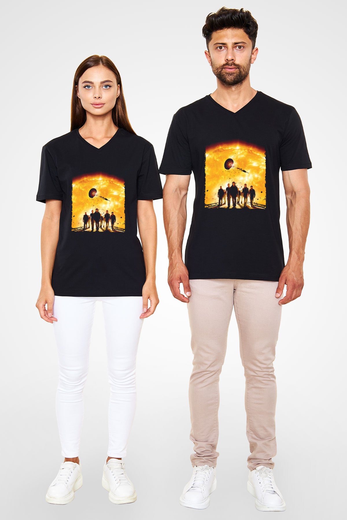 Unisex Gün Işığı (Sunshine) Baskılı Siyah V Yaka T-shirt