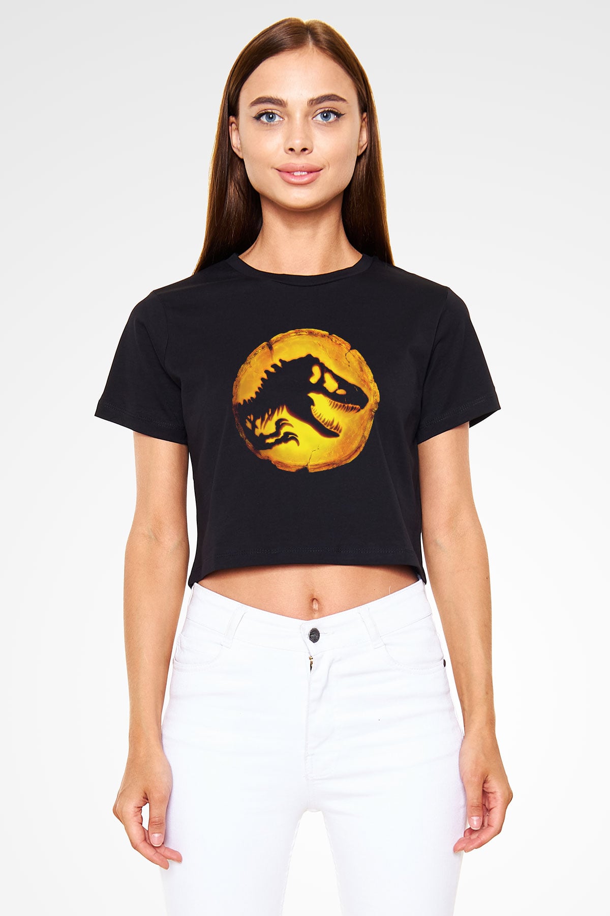 Unisex Hâkimiyet (Jurassic World Dominion) Baskılı Siyah Crop Top Tshirt