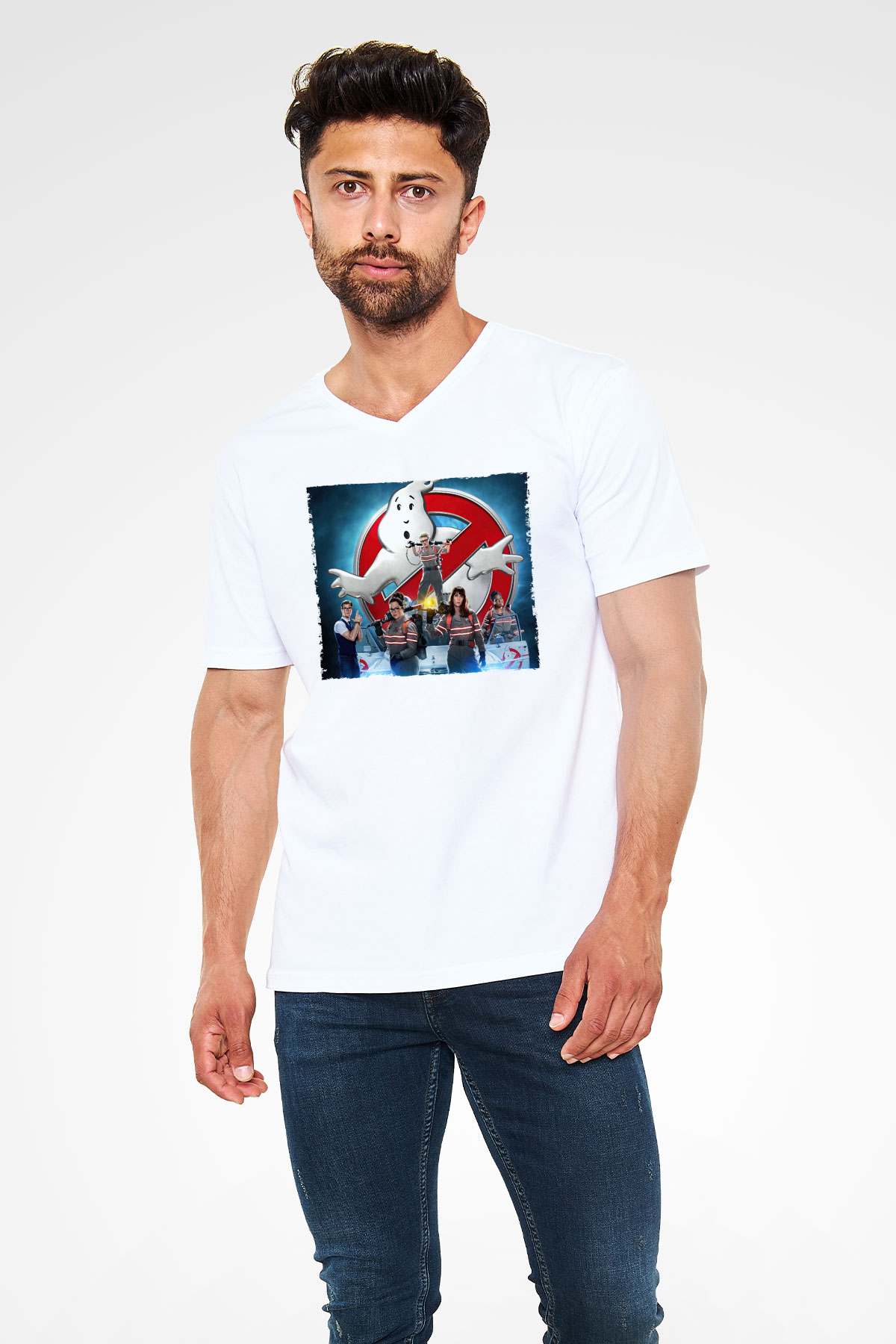 Unisex Hayalet Avcıları (Ghostbusters) Baskılı Beyaz V Yaka Tshirt