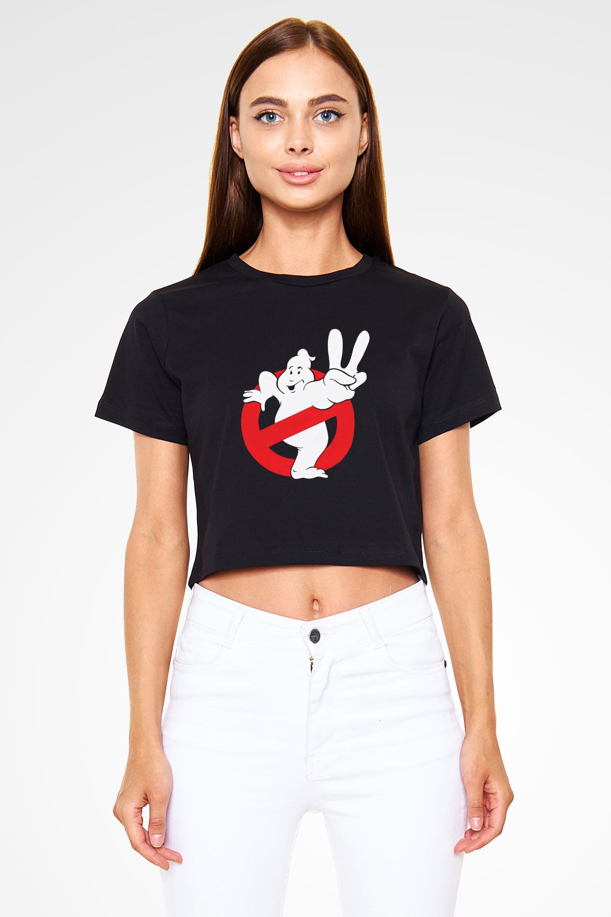 Unisex Hayalet Avcıları (Ghostbusters) Baskılı Siyah Crop Top Tshirt