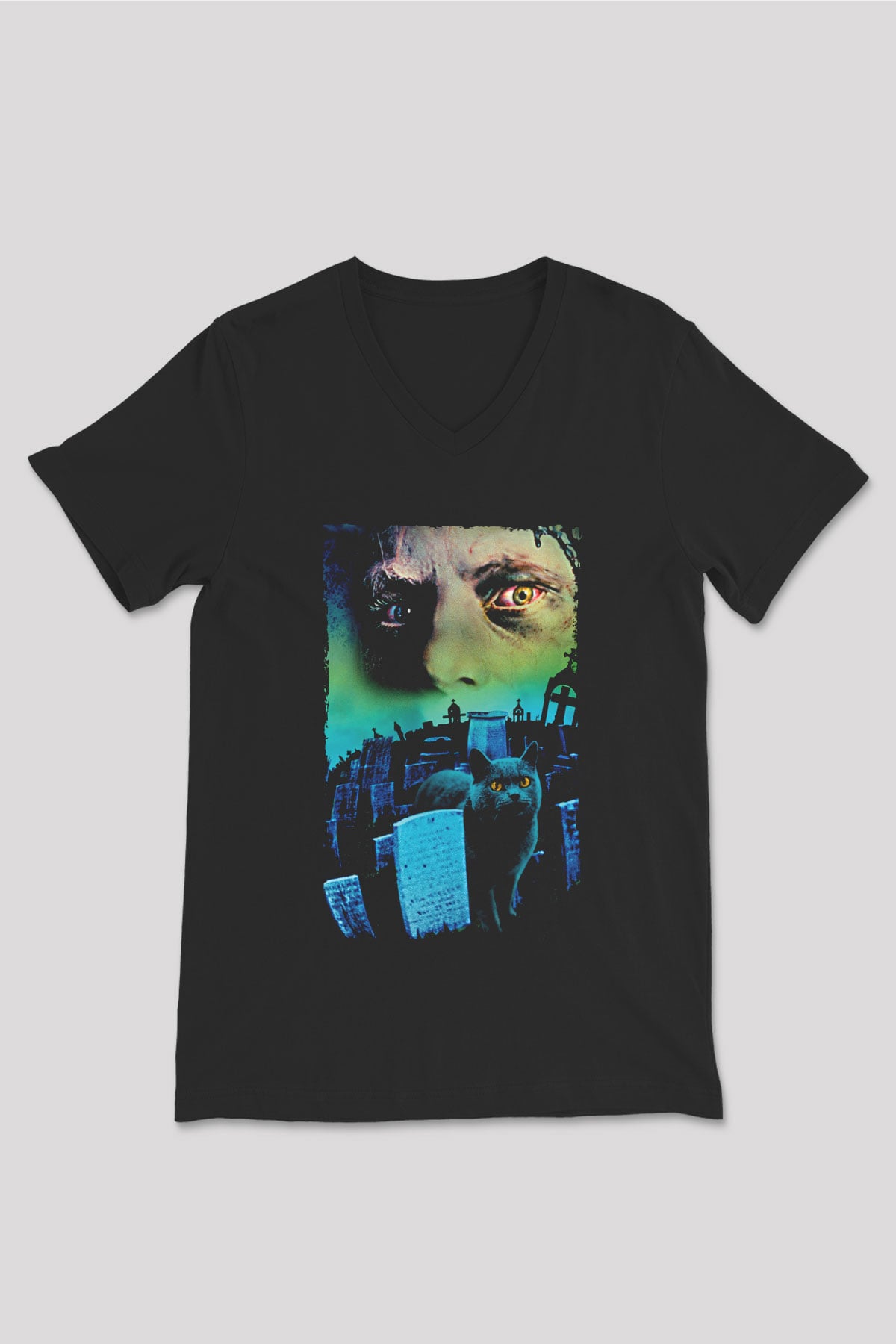Unisex Hayvan Mezarlığı (Pet Sematary) Baskılı Siyah V Yaka Tişört