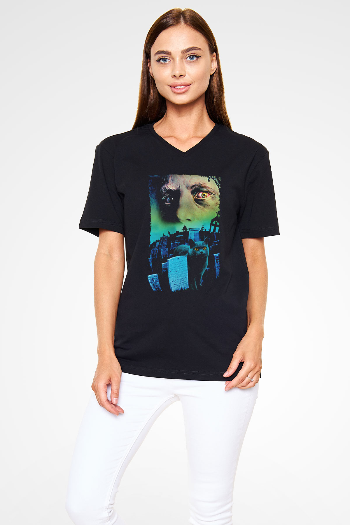 Unisex Hayvan Mezarlığı (Pet Sematary) Baskılı Siyah V Yaka Tişört