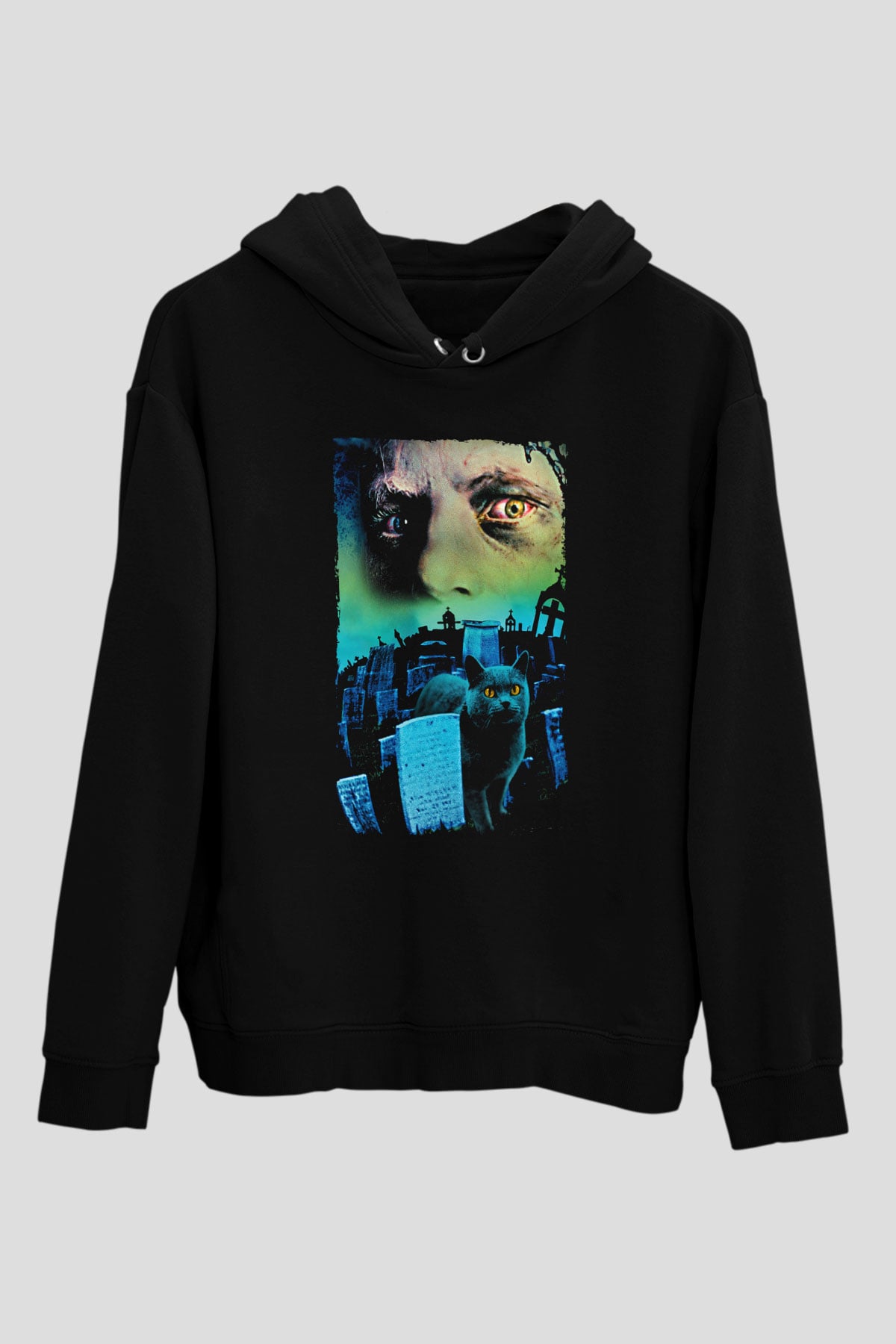 Unisex Hayvan Mezarlığı (Pet Sematary) Baskılı Siyah Kapüşonlu Sweatshirt