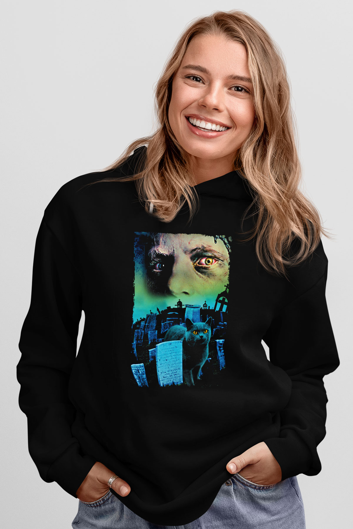 Unisex Hayvan Mezarlığı (Pet Sematary) Baskılı Siyah Kapüşonlu Sweatshirt