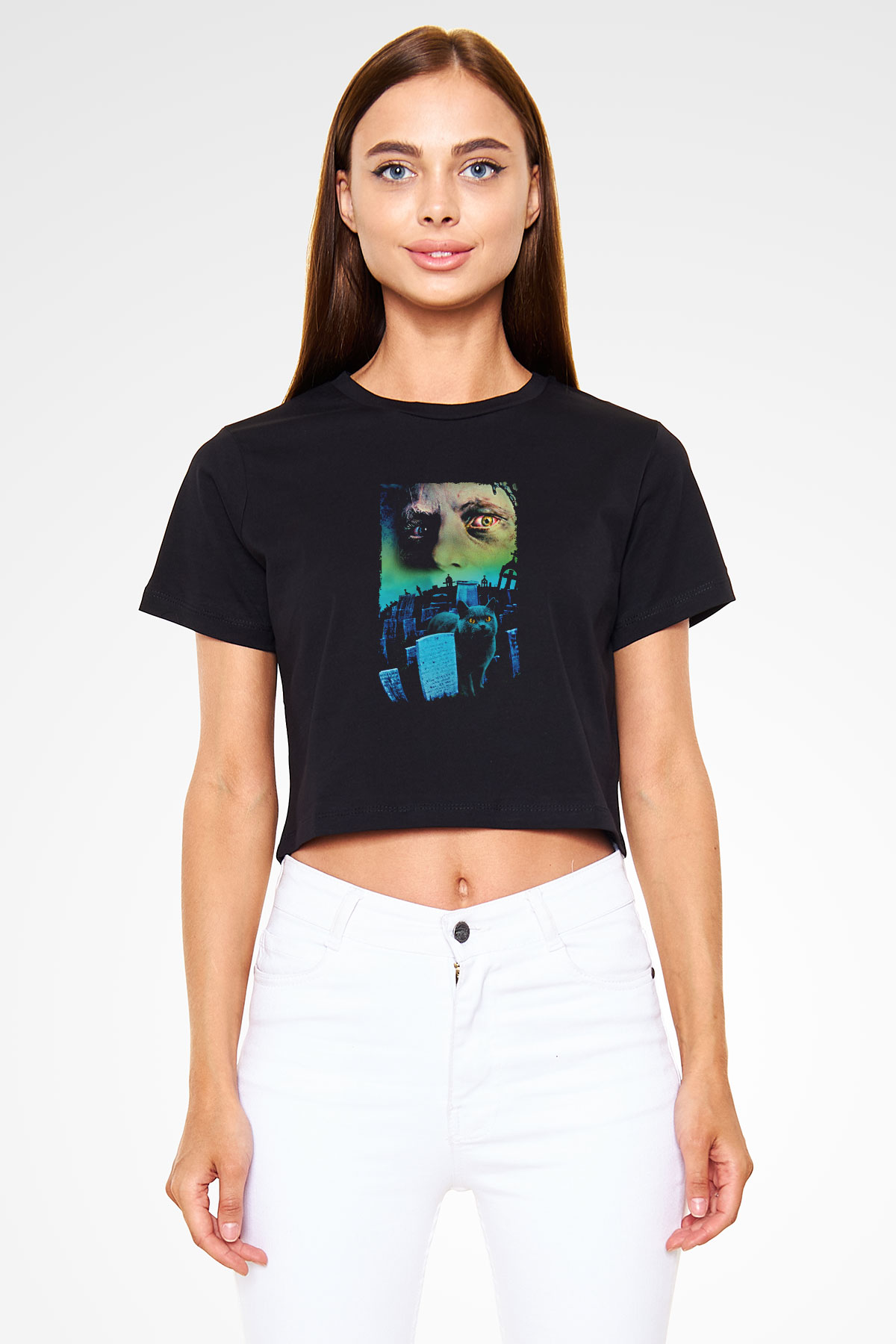 Unisex Hayvan Mezarlığı (Pet Sematary) Baskılı Siyah Crop Top Tişört