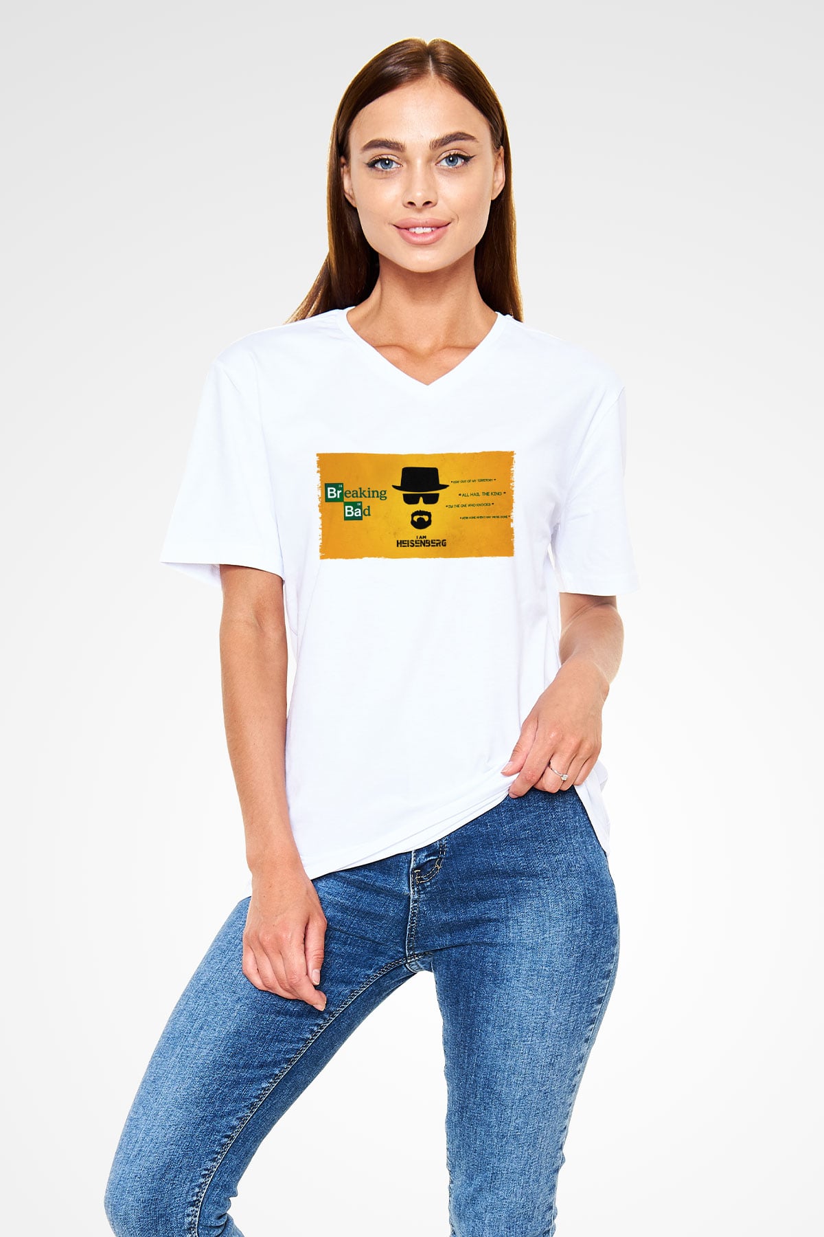 Unisex Heisenberg - Breaking Bad Baskılı Beyaz V Yaka Tshirt