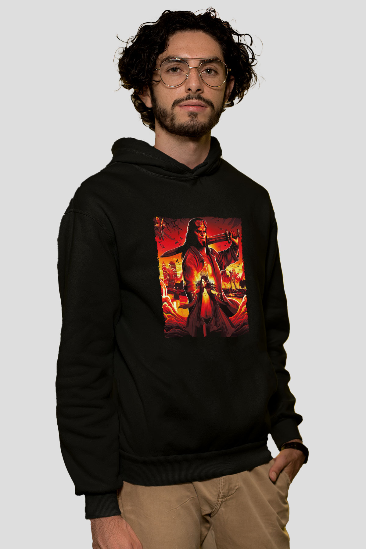 Unisex Hellboy Baskılı Siyah Unisex Kapüşonlu Sweatshirt