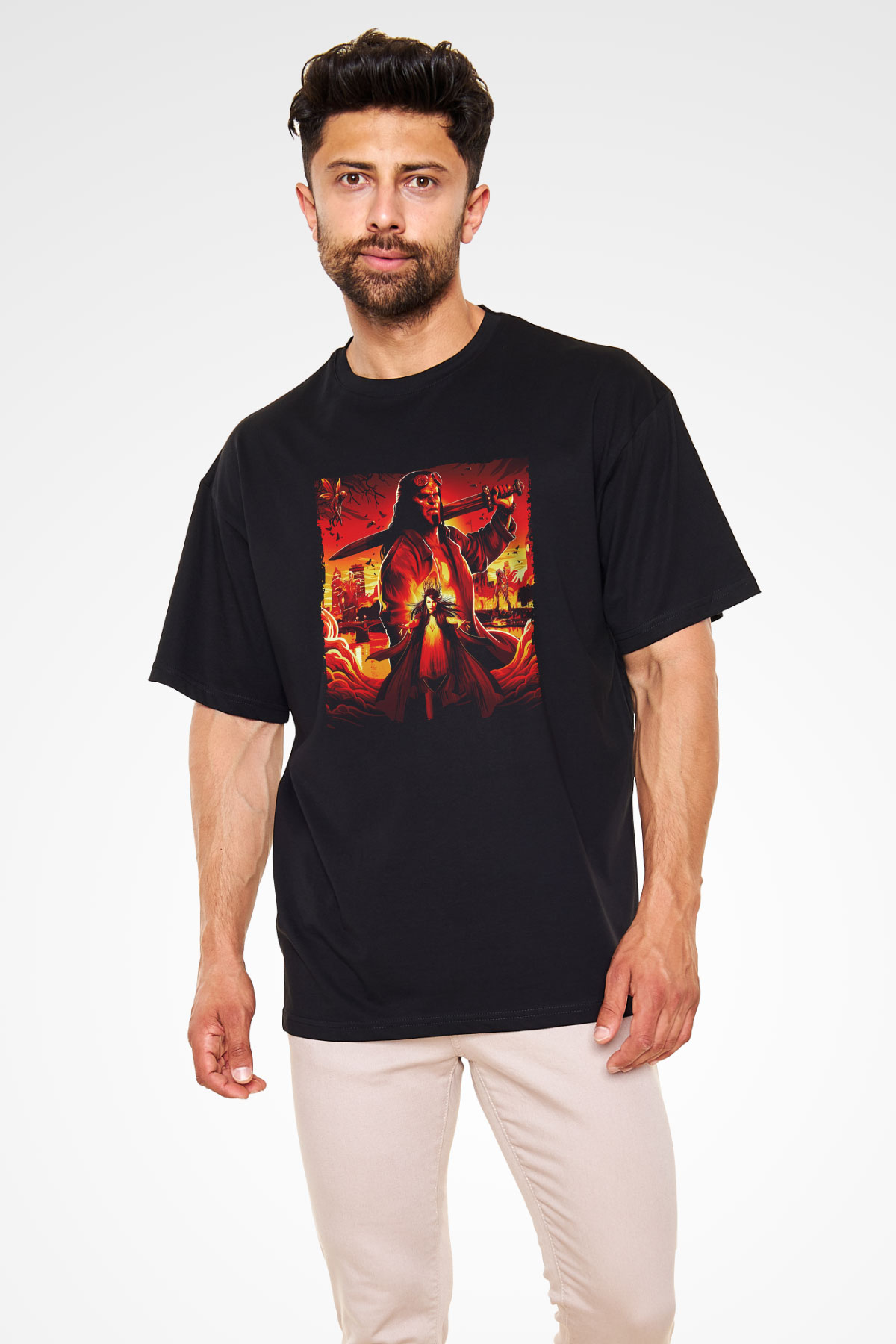 Unisex Hellboy Baskılı Siyah Unisex Oversize T-shirt