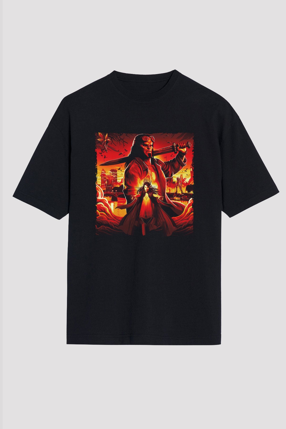 Unisex Hellboy Baskılı Siyah Unisex Oversize T-shirt
