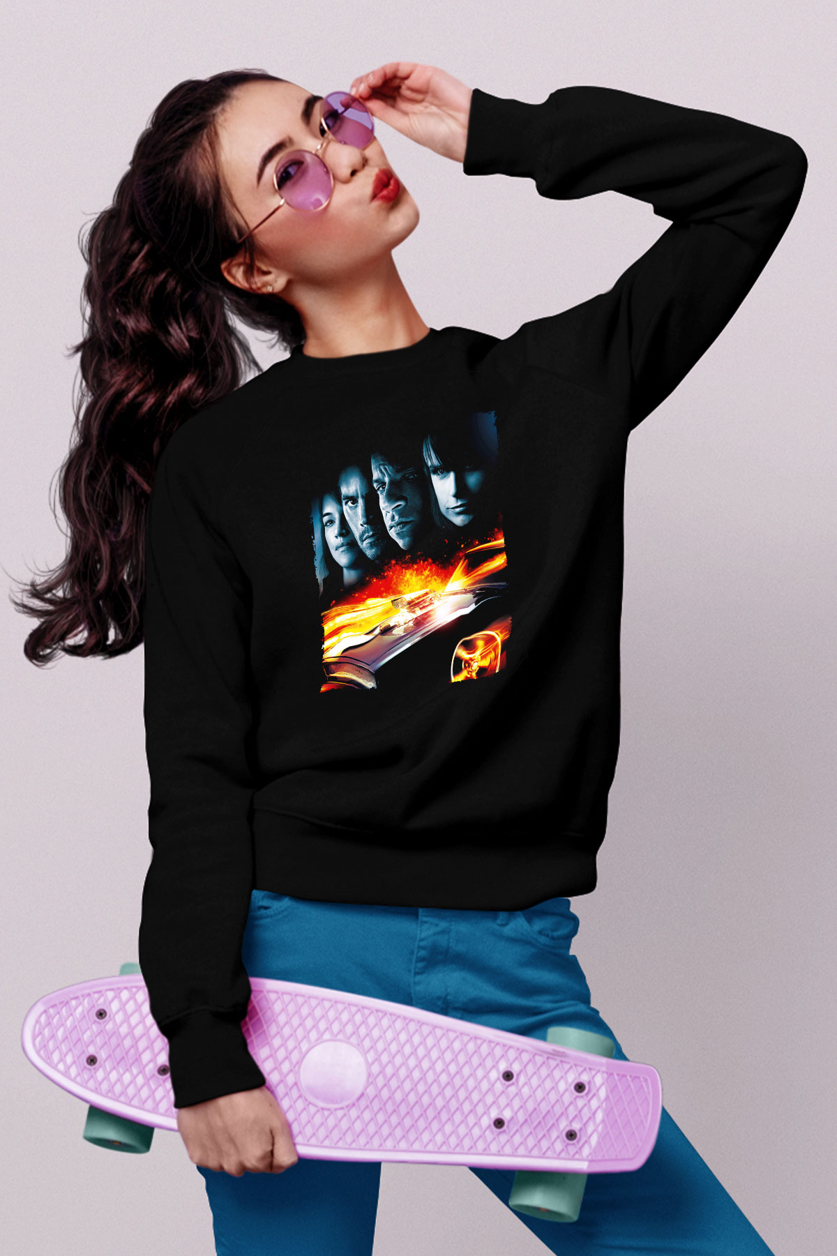 Unisex Hızlı ve Öfkeli 5 Rio Soygunu (Fast Five) Baskılı Siyah Sweatshirt