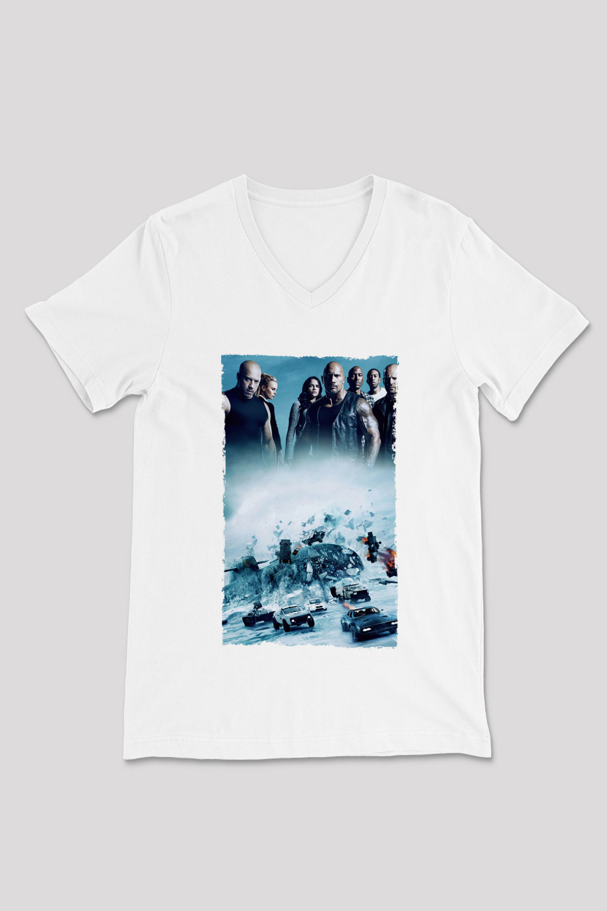 Unisex Hızlı ve Öfkeli 8 (The Fate of the Furious) Baskılı Beyaz V Yaka Tshirt