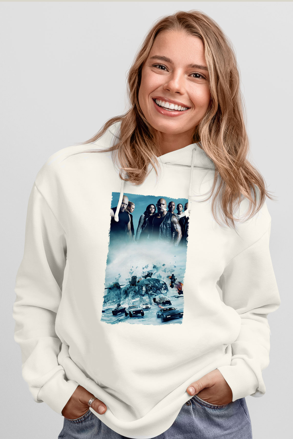 Unisex Hızlı ve Öfkeli 8 (The Fate of the Furious) Baskılı Beyaz Kapüşonlu Sweatshirt