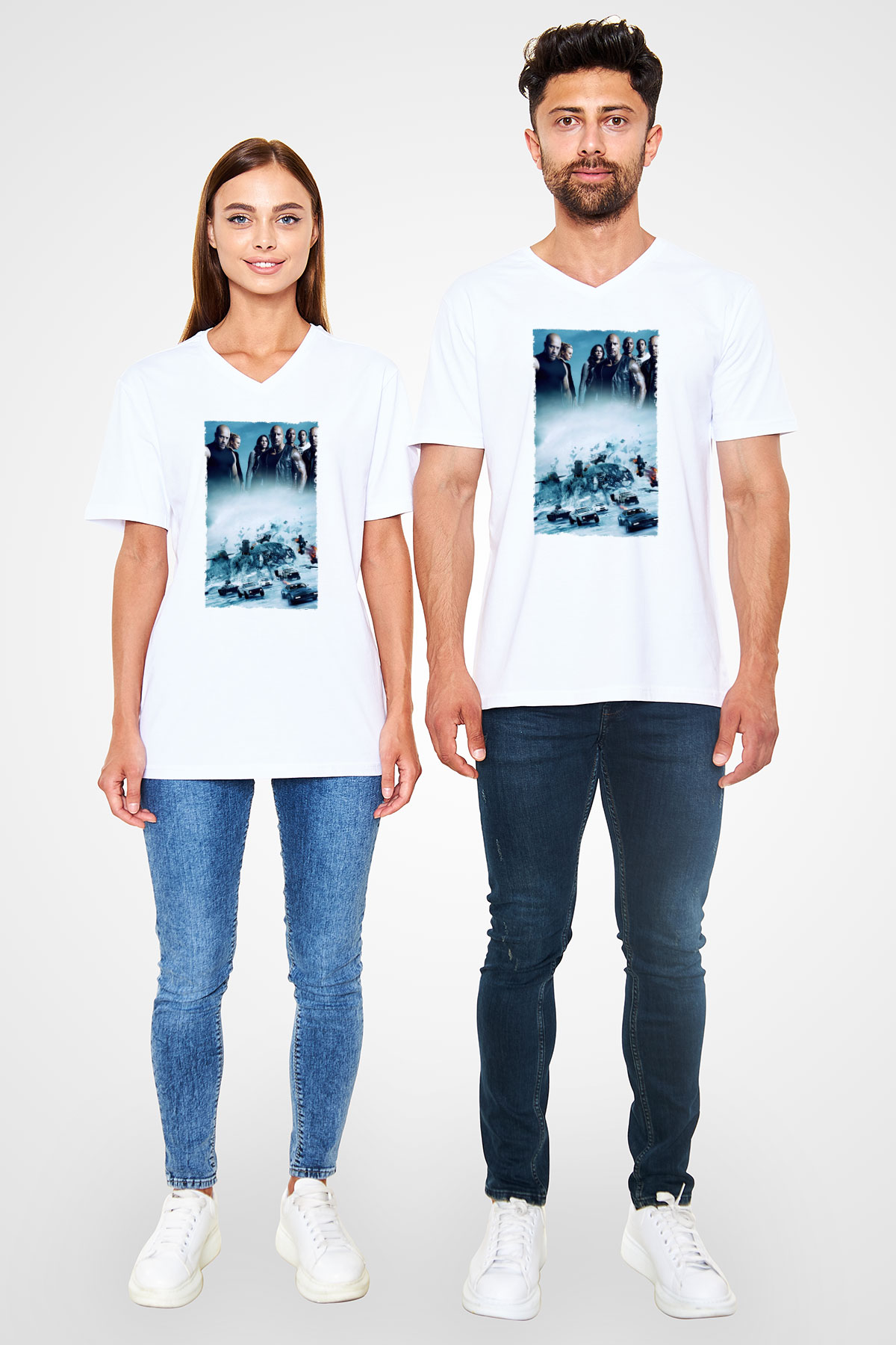 Unisex Hızlı ve Öfkeli 8 (The Fate of the Furious) Baskılı Beyaz V Yaka Tshirt