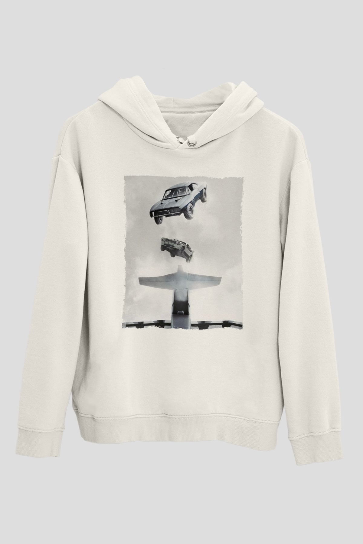 Unisex Hızlı ve Öfkeli Baskılı Beyaz Kapüşonlu Sweatshirt