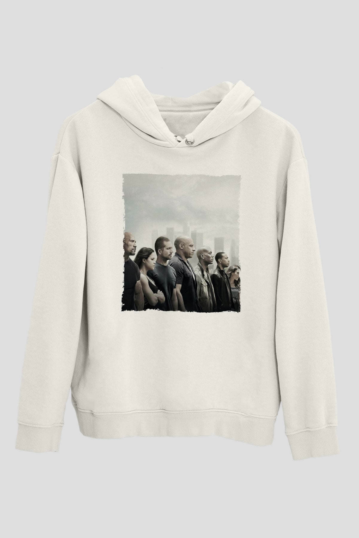 Unisex Hızlı ve Öfkeli Baskılı Beyaz Kapüşonlu Sweatshirt