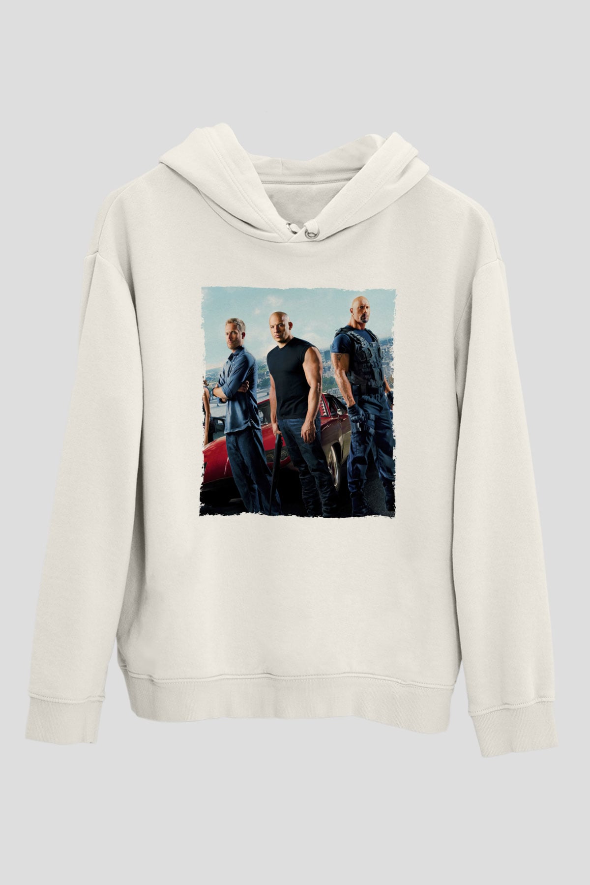 Unisex Hızlı ve Öfkeli Baskılı Beyaz Kapüşonlu Sweatshirt