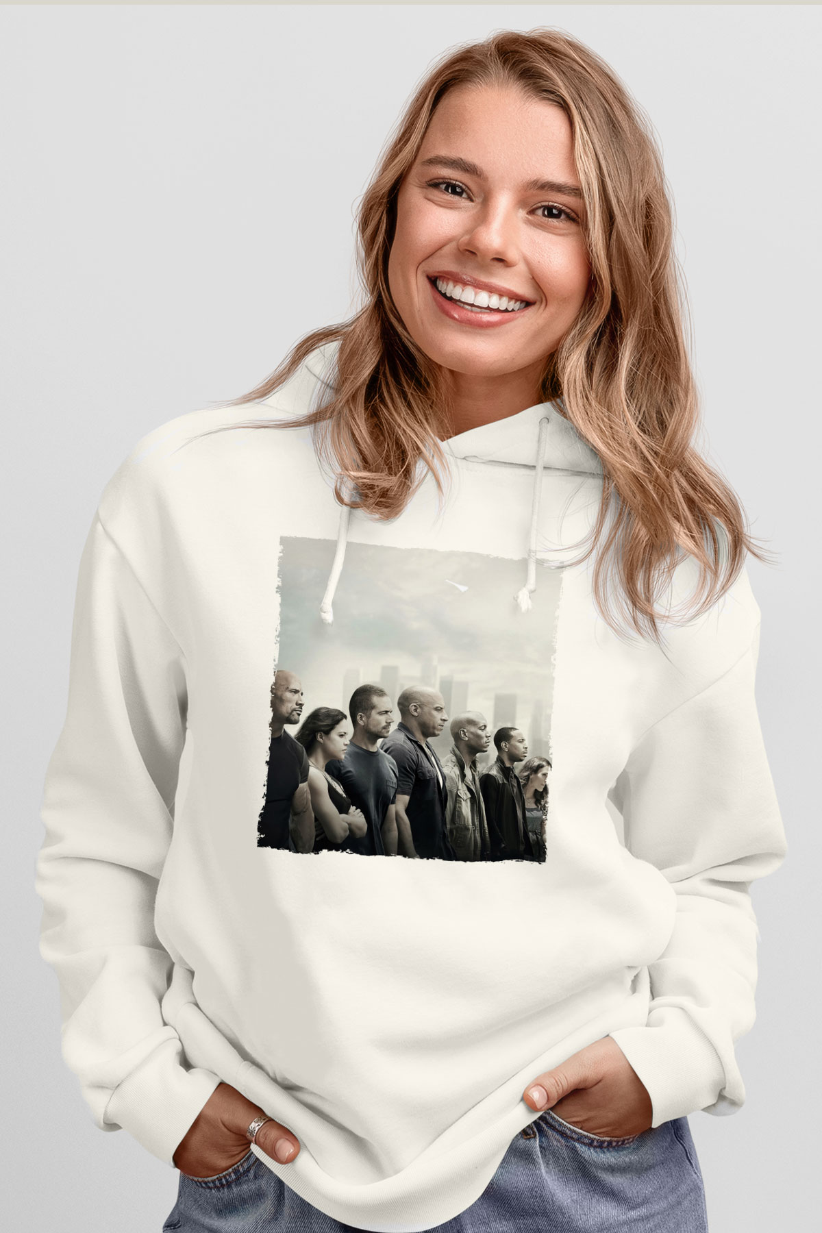 Unisex Hızlı ve Öfkeli Baskılı Beyaz Kapüşonlu Sweatshirt
