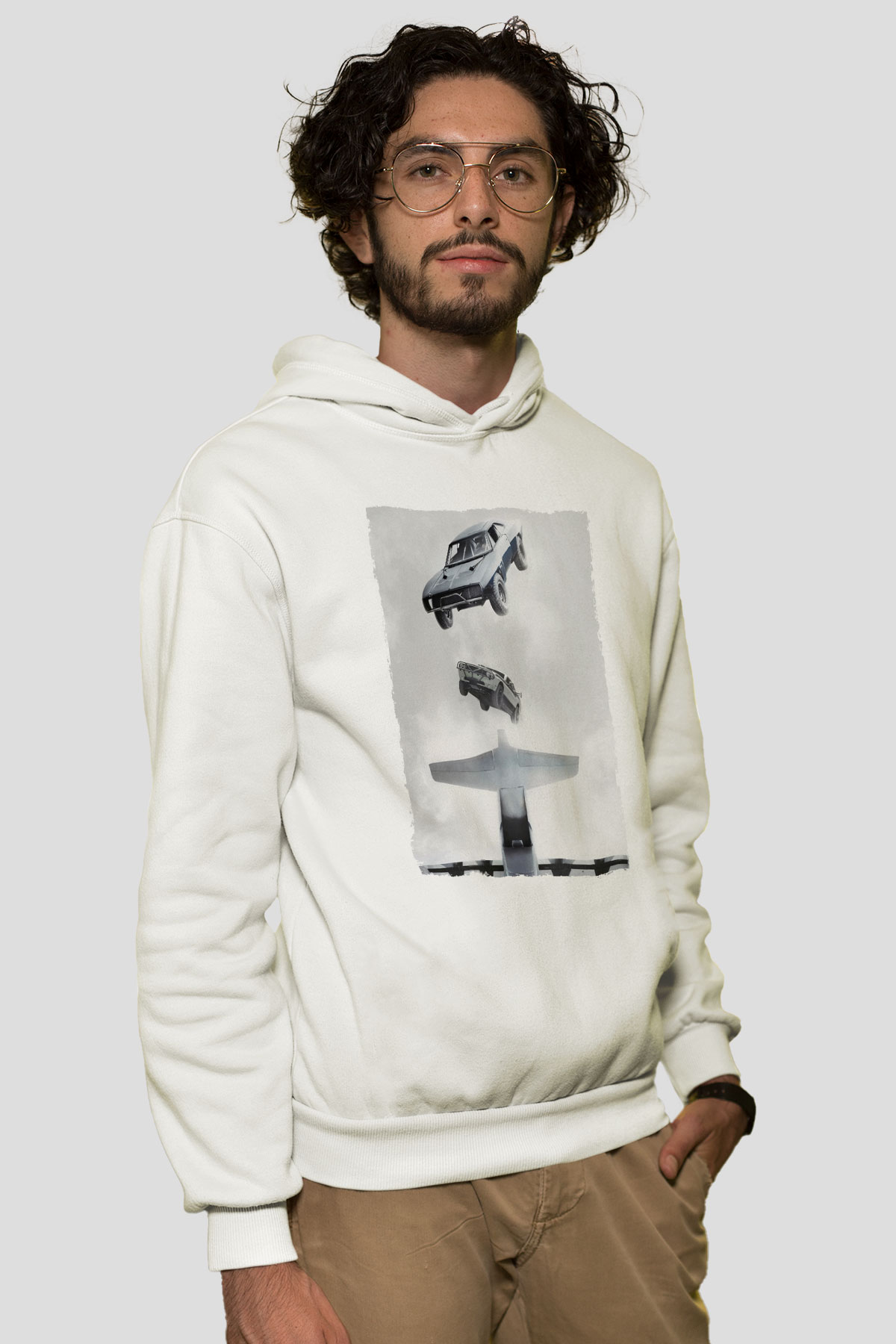 Unisex Hızlı ve Öfkeli Baskılı Beyaz Kapüşonlu Sweatshirt