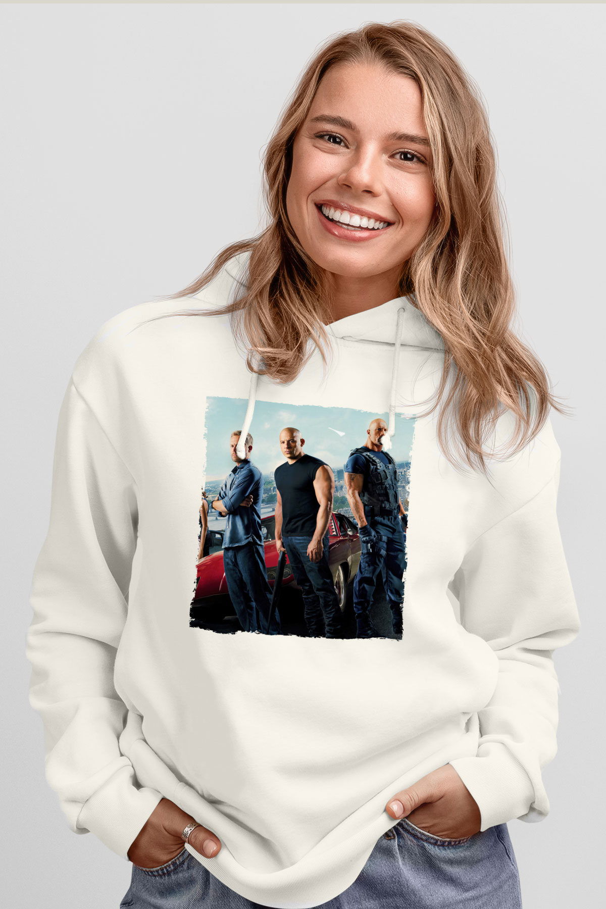 Unisex Hızlı ve Öfkeli Baskılı Beyaz Kapüşonlu Sweatshirt