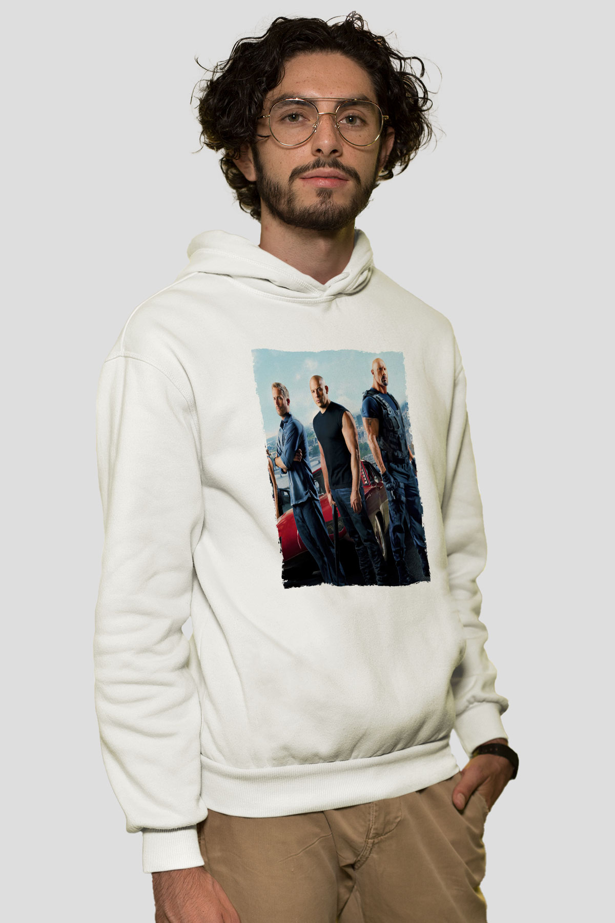 Unisex Hızlı ve Öfkeli Baskılı Beyaz Kapüşonlu Sweatshirt