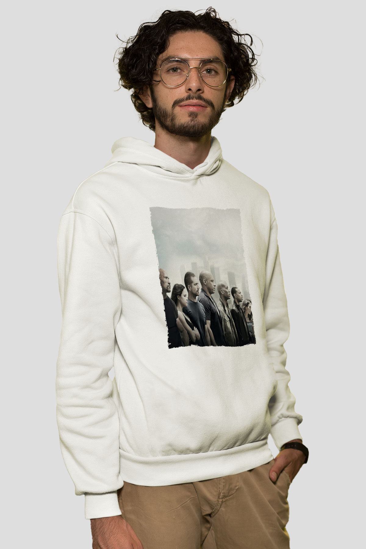 Unisex Hızlı ve Öfkeli Baskılı Beyaz Kapüşonlu Sweatshirt