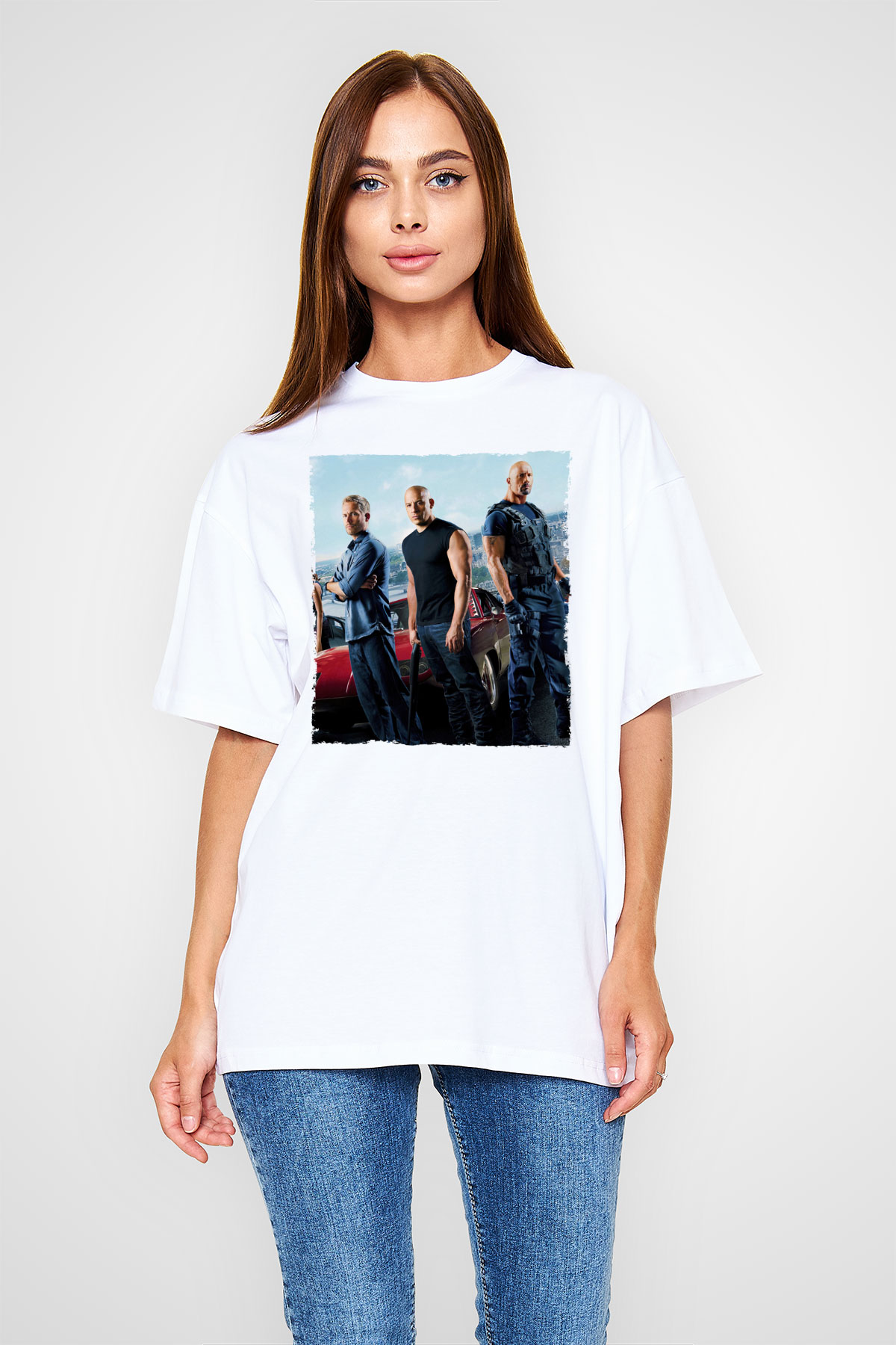 Unisex Hızlı ve Öfkeli Baskılı Beyaz Oversize Tişört