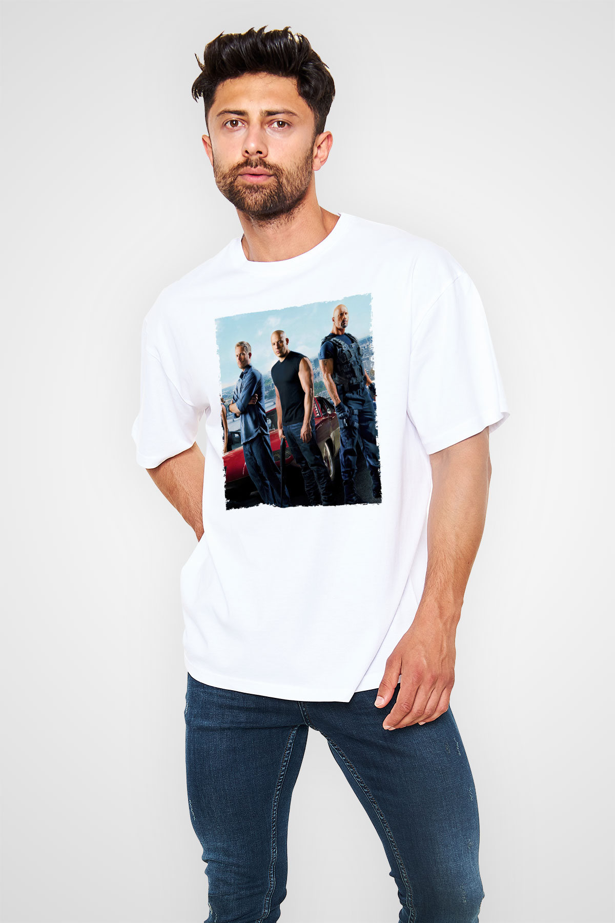 Unisex Hızlı ve Öfkeli Baskılı Beyaz Oversize Tişört