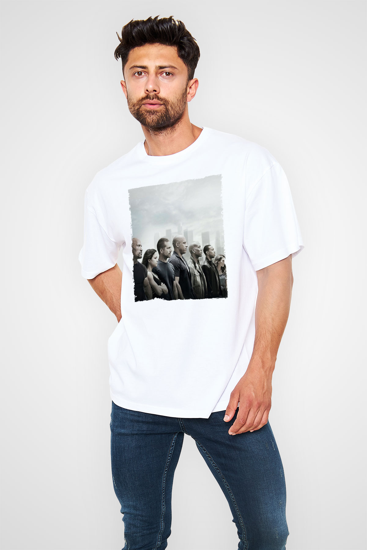 Unisex Hızlı ve Öfkeli Baskılı Beyaz Oversize T-shirt