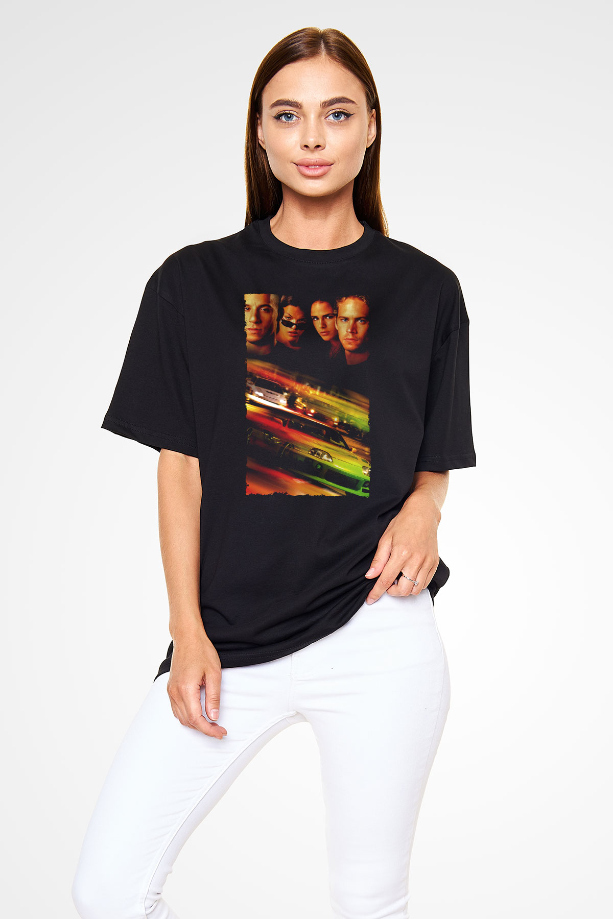 Unisex Hızlı ve Öfkeli (Fast & Furious) Baskılı Siyah Unisex Oversize Tişört