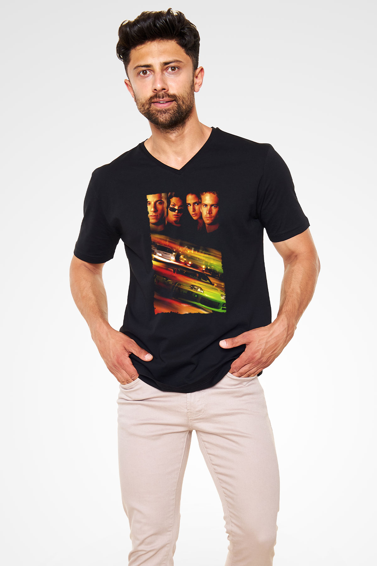 Unisex Hızlı ve Öfkeli (Fast & Furious) Baskılı Siyah Unisex V Yaka Tişört