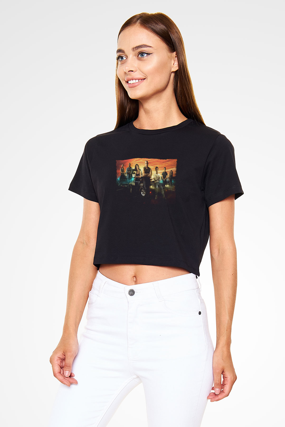 Unisex Hızlı ve Öfkeli (Fast & Furious) Baskılı Siyah Crop Top Tişört
