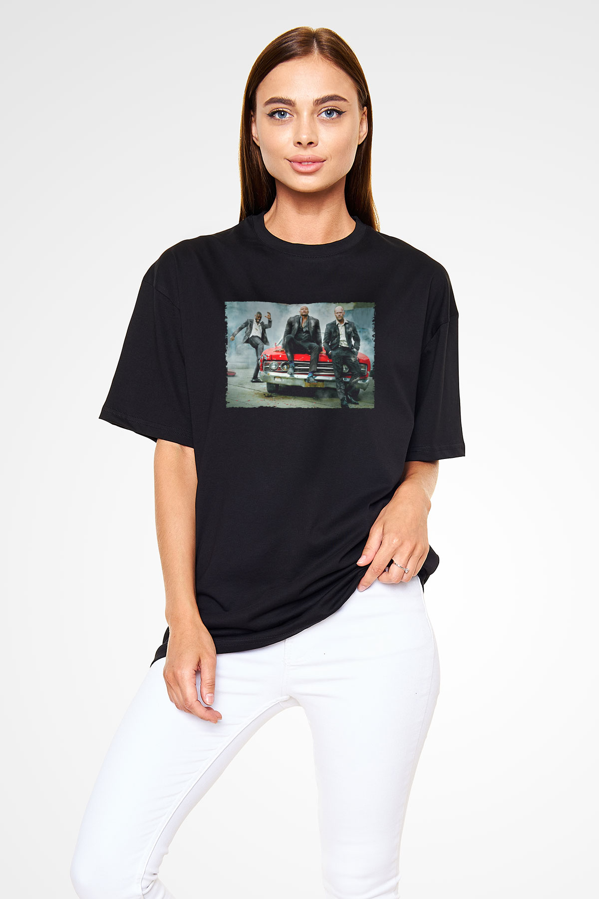 Unisex Hızlı ve Öfkeli Hobbs ve Shaw (Hobbs & Shaw) Baskılı Siyah Oversize T-shirt
