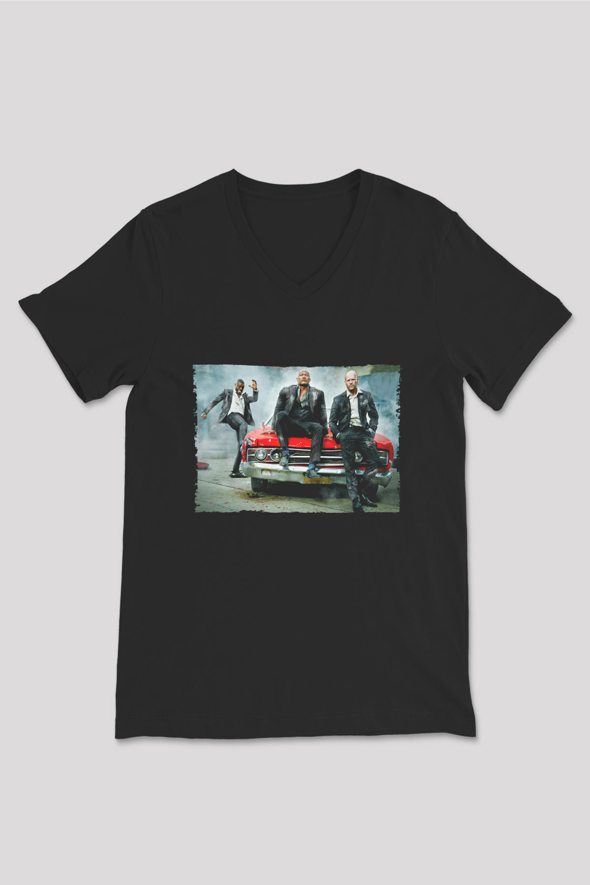 Unisex Hızlı ve Öfkeli Hobbs ve Shaw (Hobbs & Shaw) Baskılı Siyah V Yaka T-shirt