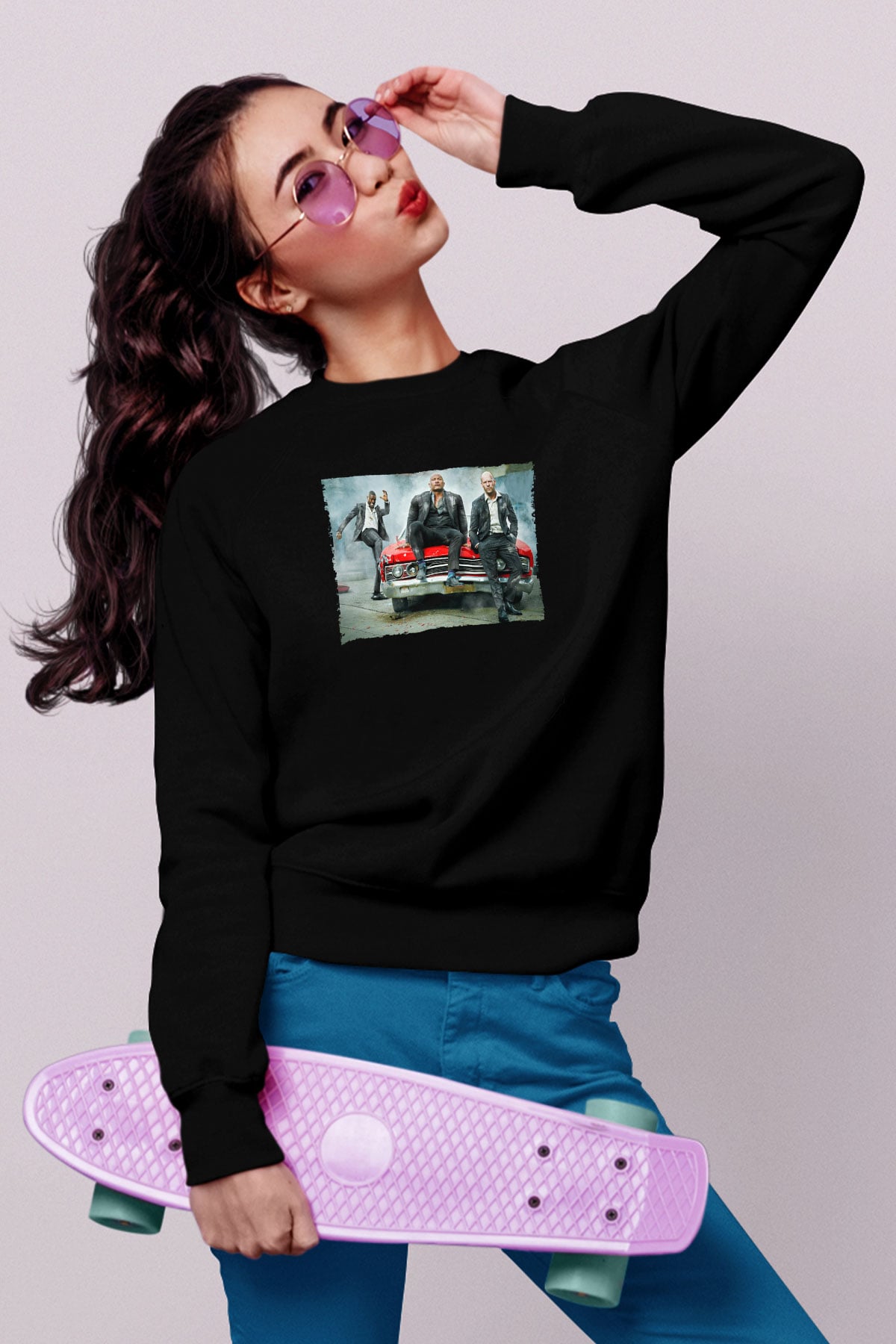 Unisex Hızlı ve Öfkeli Hobbs ve Shaw (Hobbs & Shaw) Baskılı Siyah Sweatshirt