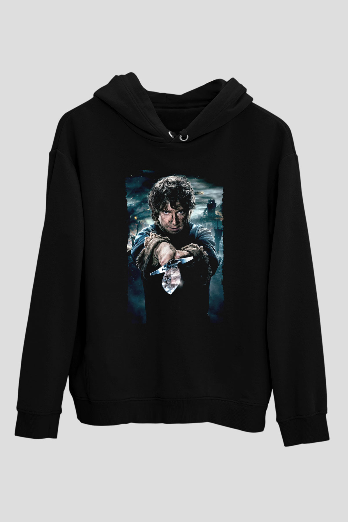 Unisex Hobbit Beş Ordunun Savaşı (The Hobbit The Battle of the Five Armies) Baskılı Siyah Kapüşonlu Sweatshirt