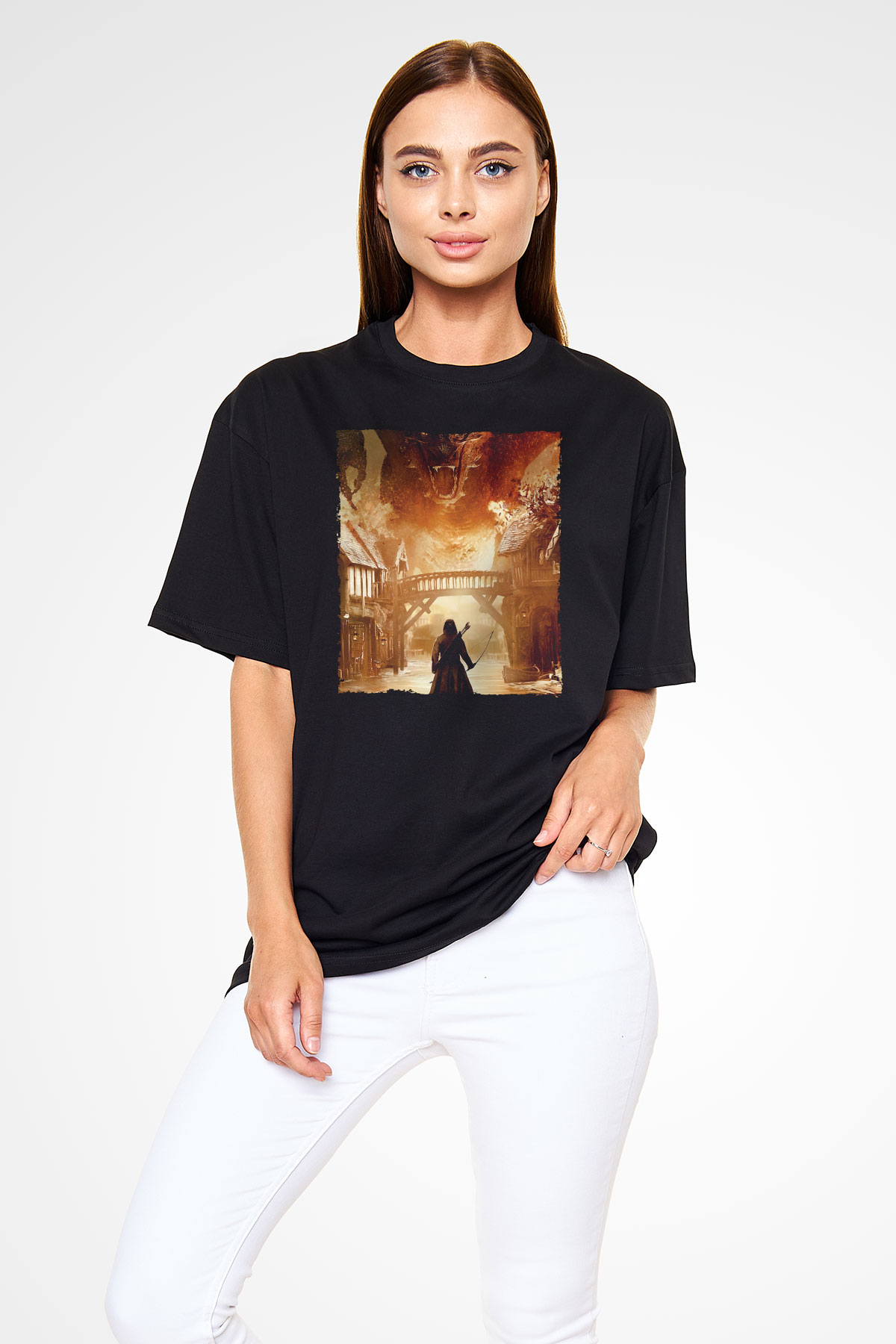 Unisex Hobbit Beş Ordunun Savaşı (The Hobbit The Battle of the Five Armies) Baskılı Siyah Unisex Oversize Tshirt