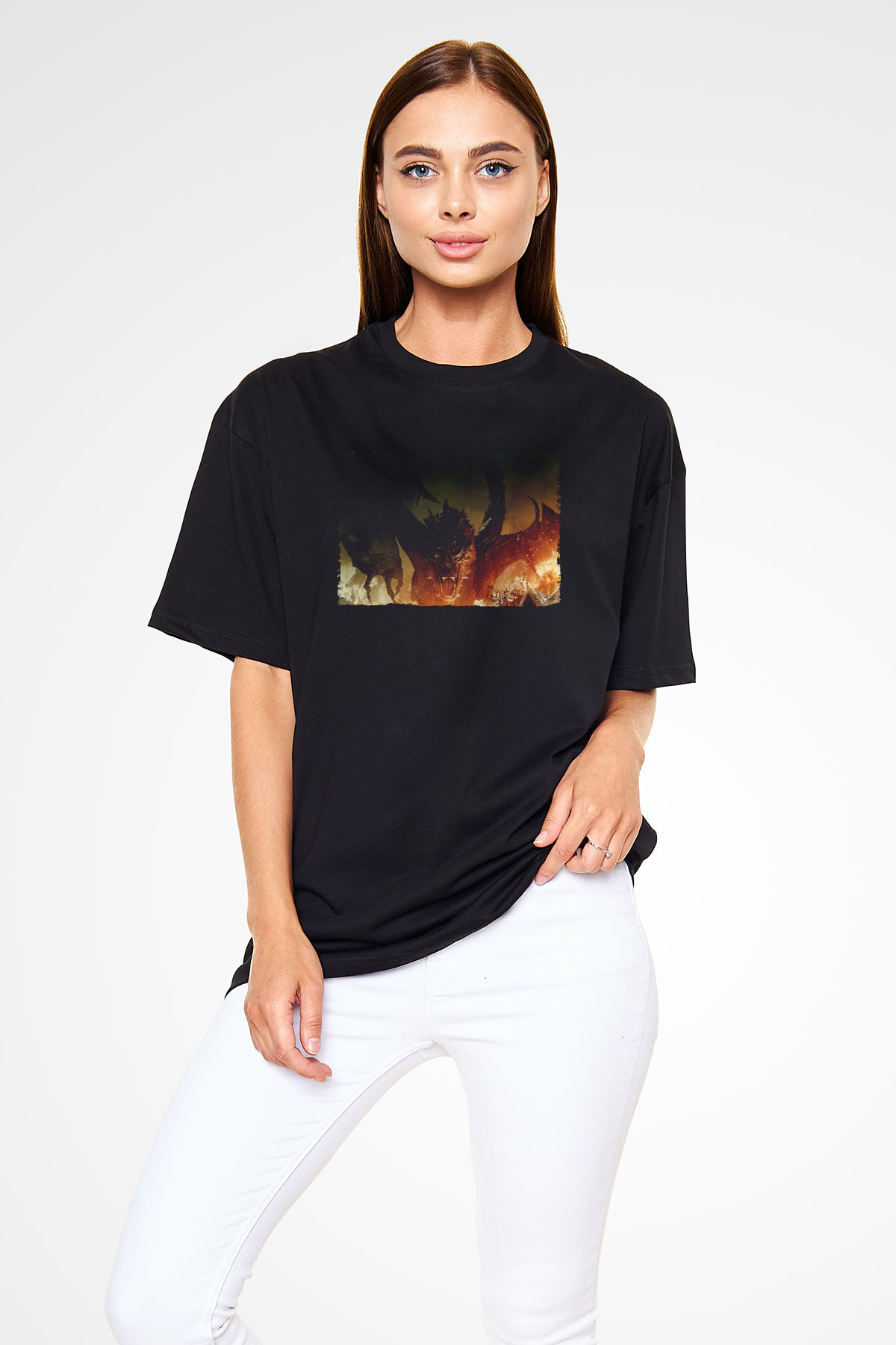 Unisex Hobbit Beş Ordunun Savaşı (The Hobbit The Battle of the Five Armies) Baskılı Siyah Oversize T-shirt