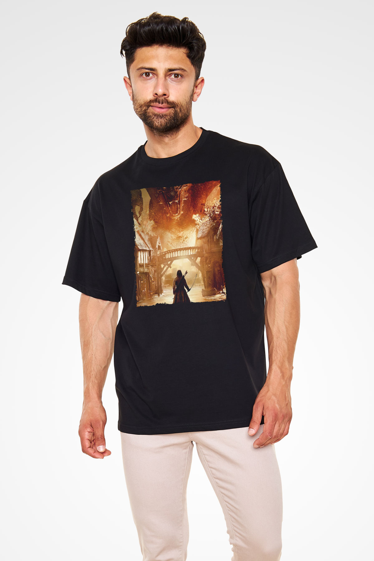 Unisex Hobbit Beş Ordunun Savaşı (The Hobbit The Battle of the Five Armies) Baskılı Siyah Unisex Oversize Tshirt