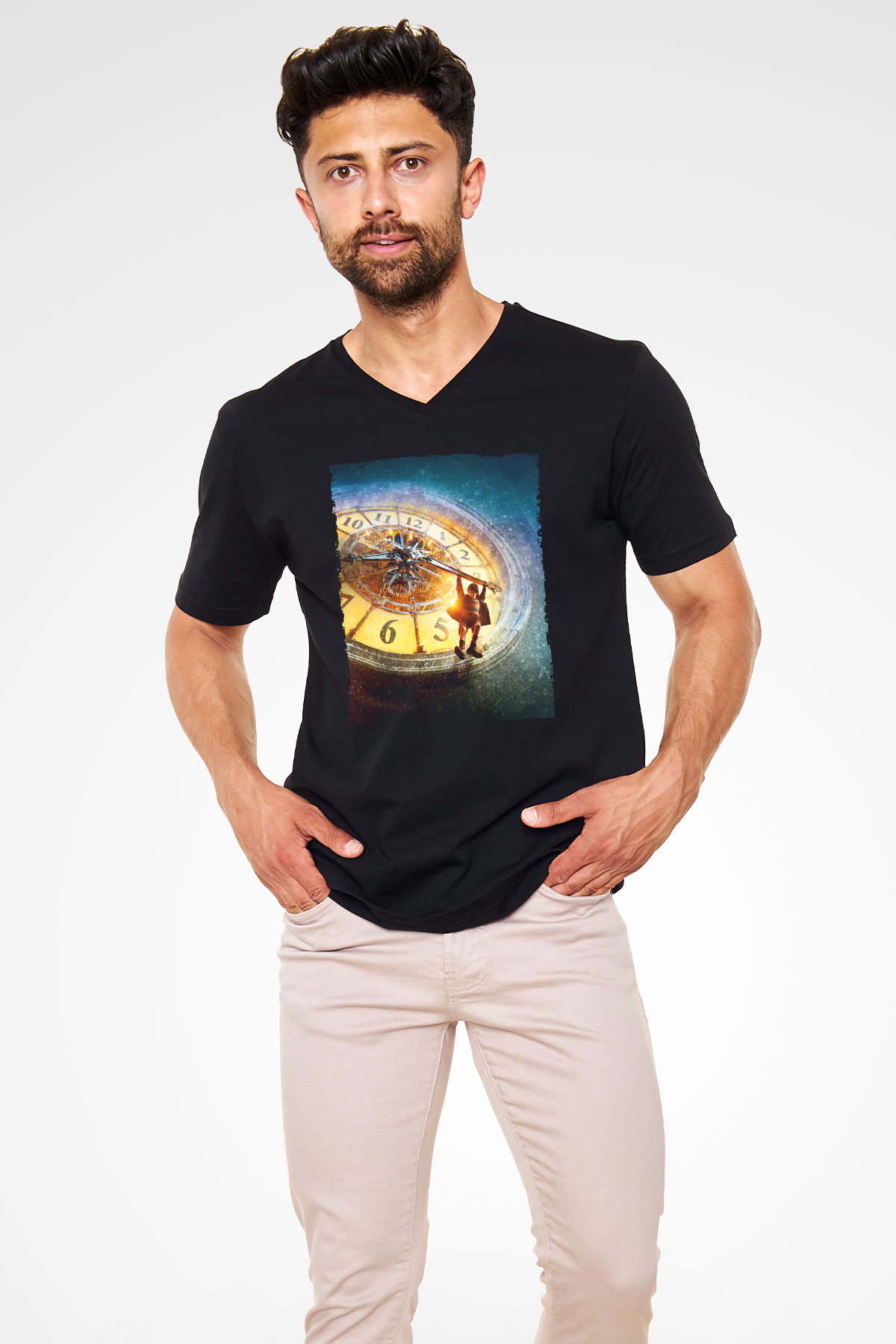 Unisex Hugo Baskılı Siyah V Yaka Tshirt