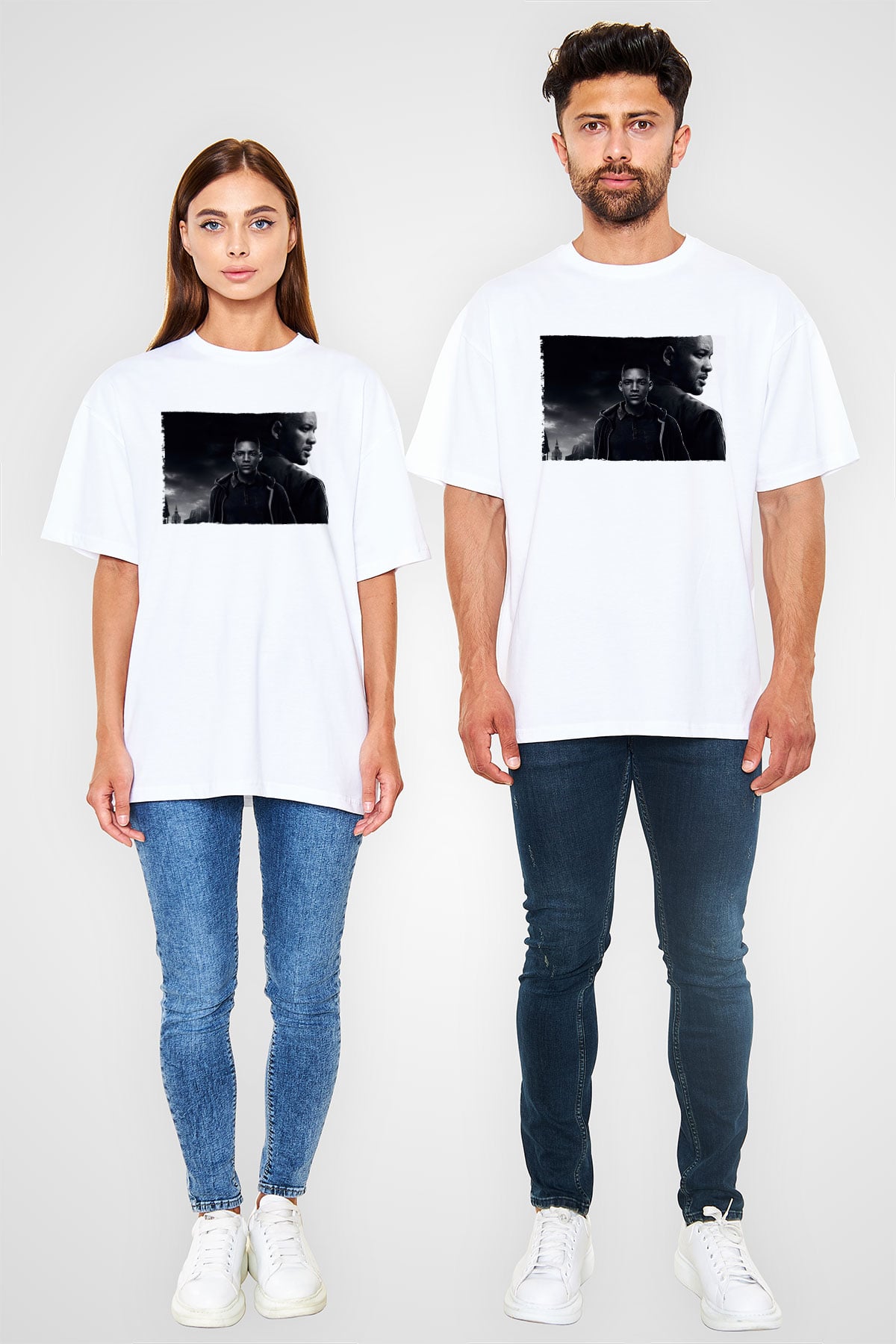 Unisex İkizler Projesi (Gemini Man) Baskılı Beyaz Oversize Tişört