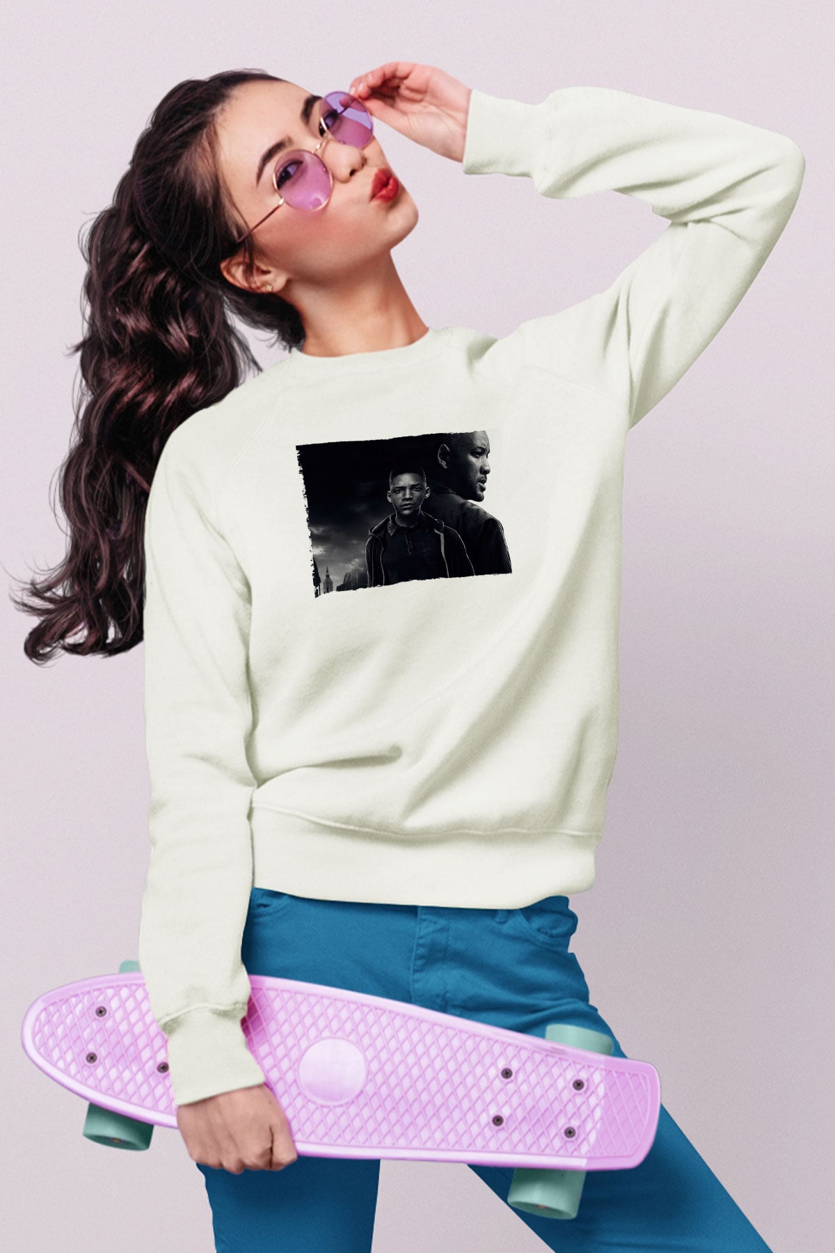 Unisex İkizler Projesi (Gemini Man) Baskılı Beyaz Sweatshirt