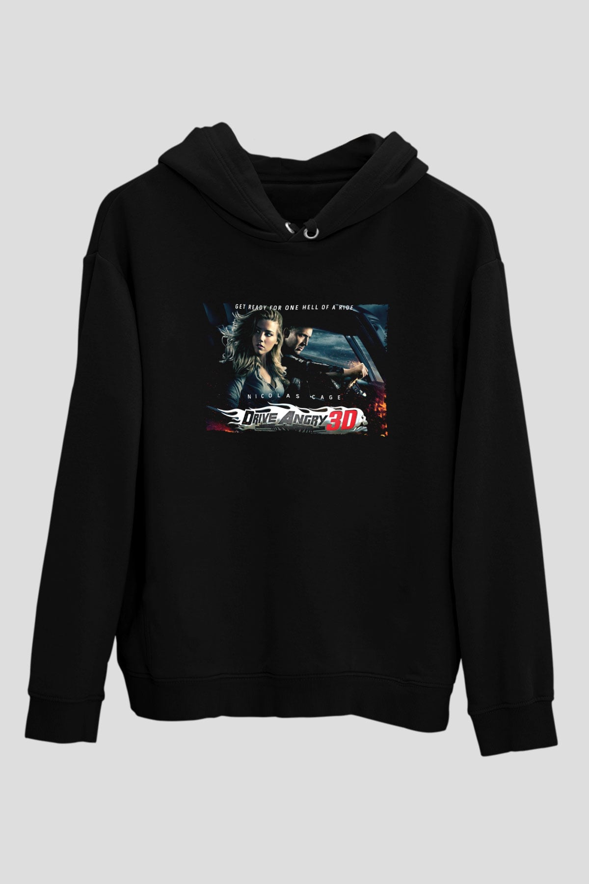 Unisex İntikam Yolu (Drive Angry) Baskılı Siyah Kapüşonlu Sweatshirt