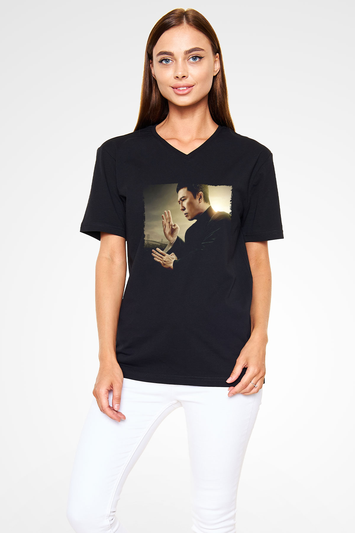 Unisex Ip Man Baskılı Siyah V Yaka Tshirt