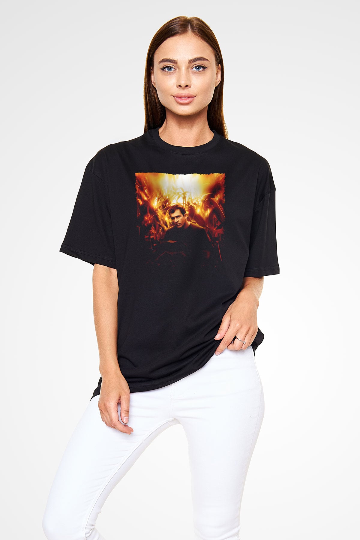 Unisex İşaretler (Signs) Baskılı Siyah Oversize Tişört