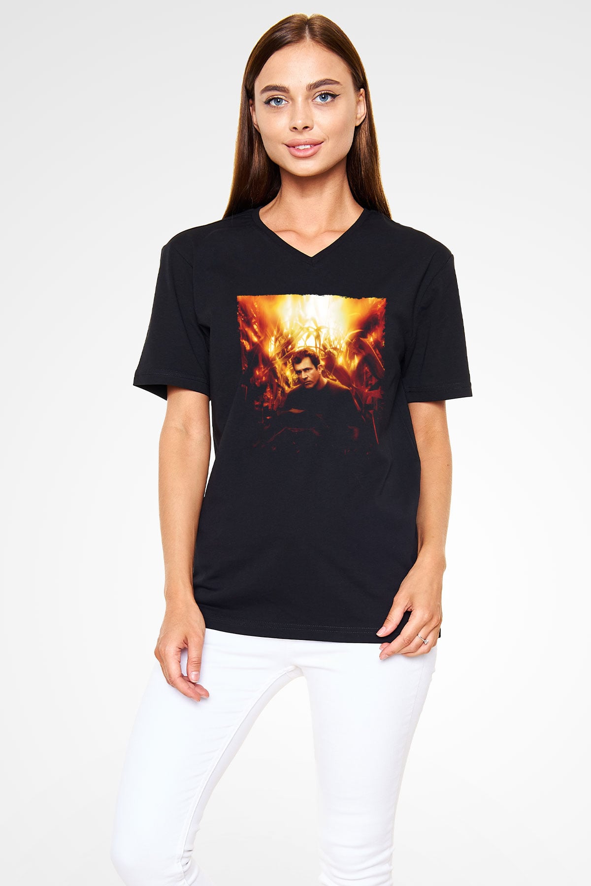 Unisex İşaretler (Signs) Baskılı Siyah V Yaka Tişört